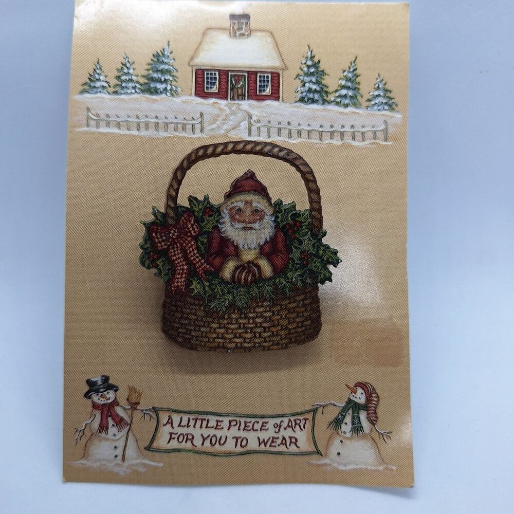 Christmas Pin Santa In Basket With Holly Brooch Holiday‎